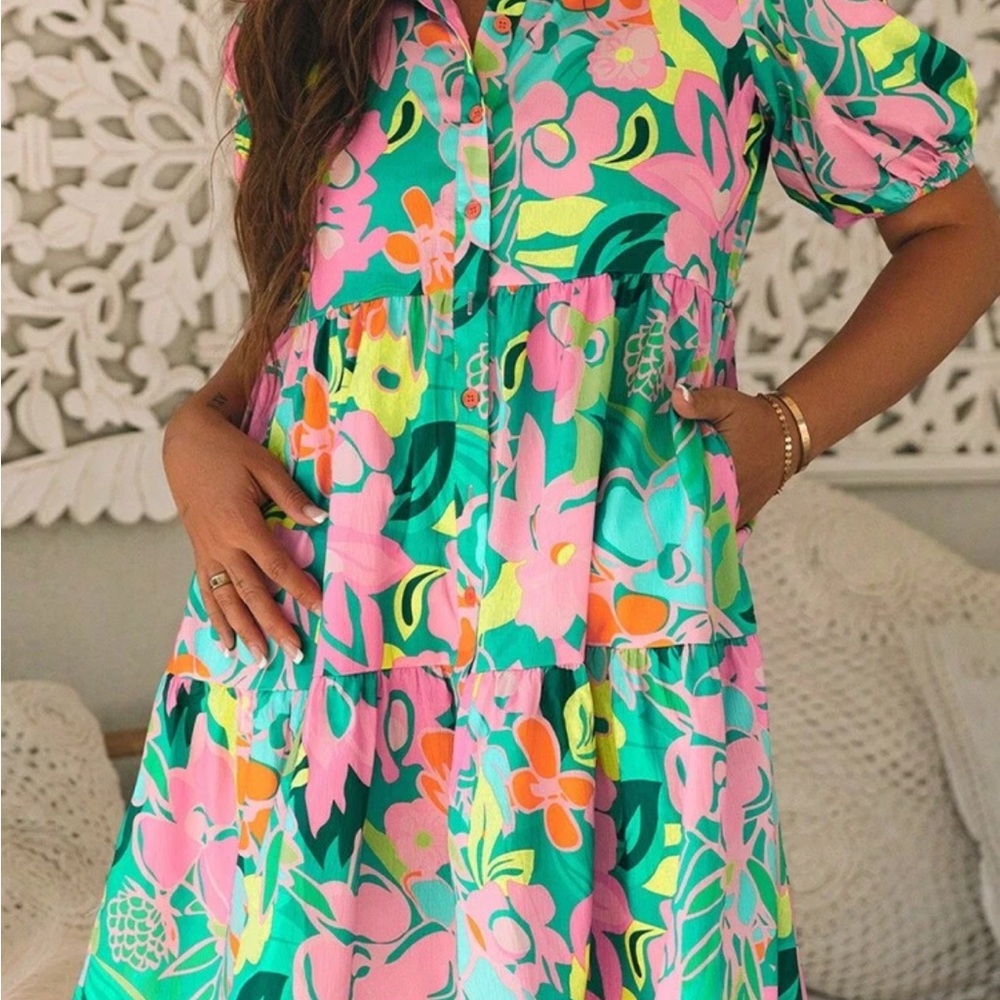 Floral Women’s Dress in Pink and Green